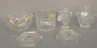 Group of six Baccarat crystal pieces to include a mustard pot, pair of hot plates/coasters, covered jar, caviar serving dish, and a ...
