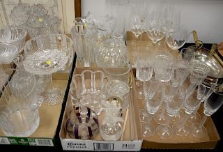 Six tray lots of crystal and glass to include cut glass compote, ice bucket, wine bucket, blown glass pitcher, champagne stem glasse...