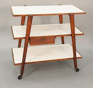 Server tea cart with three laminated shelves and silverware drawer, glenn of California style. ht. 33 in., top: 18" x 36 1/2".