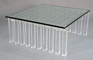 Cityscape style lucite coffee table. ht. 17 in., top: 38" x 38".