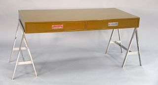 Milo Baughman style desk, having chrome tripod bases, good condition with small paint loss on back. ht. 29 1/2 in. top: 30" x 60".