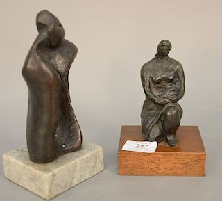 Two small bronzes to include Naomi Siegmann (B1933), kneeling woman holding baby, signed Naomi, along with abstract sculpture marked...
