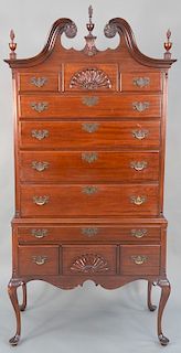 Fineberg mahogany Queen Anne style highboy in two parts with flame finials, ht. 79 in., wd. 37 in., dp 20 in.
