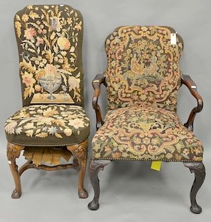Two Queen Anne style needle point chairs to include one armchair and one side chair.
