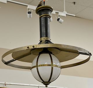 Large industrial hanging light, toll and brass with globe shade. Ht. 45 in., Dia., 40 in.