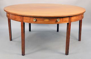 Custom mahogany round dining/game table with two drawers and in laid on square molded legs. ht. 29 in., dia. 64 in.