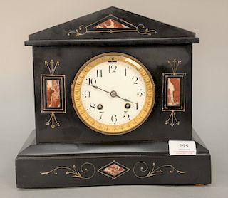Chelsea slate mantle clock with enameled white dial and brass works marked "Chelsea." Ht. 10 1/4 in.