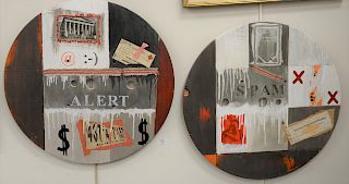 Pair of round paintings on plywood, titled "Spam" and "Alert," both signed illegibly. Dia. 23 1/2"