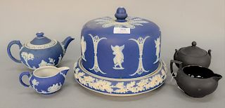 Five piece wedgwood group to include Jasper ware, blue and white cake plate with cover (ht. 8 in.), creamer and teapot and a black w...