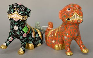 Pair of Herend porcelain foo dog figures, black dynasty and orange floral. Ht. 6 1/4 in.