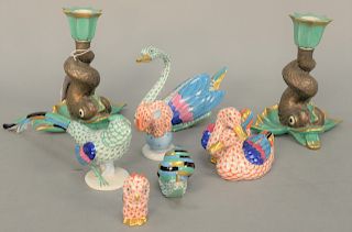 Eight piece Herend porcelain group to include a pair of dolphin candlesticks (chips), snail (as is), owl, elephant, ducks, a pheasan...