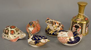 Royal Crown Derby six piece group to include figure of a turtle, pheasant, nesting bird, small bird, frog and a bell. Ht. 2 in. to 5...