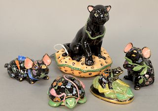 Five Lynn Chase animal figures to include a panther, frog, turtle, pig and mouse. Ht. 1 1/2 in. to 5 3/4 in.