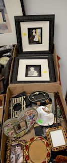 Two tray lots to include small picture frames, three Berebi enamel and jeweled frames, three small portrait paintings of a mother wi...