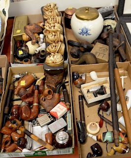 Pipe collection including oversized burlwood male face with beard, carved cat, pipe boxes, tobacco jar, etc.