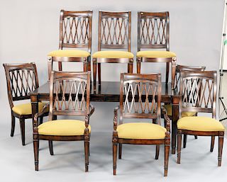 Nine piece Drexel Heritage dining set with table (2 leaves 20" each and pads, top 44" x 74") and chairs, opens 44" x 114". ht. 30 in.