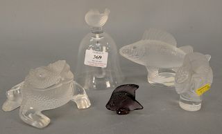 Five piece crystal lot to include include frog, frosted owl, perch fish, bell with bird handle and a small fish, ht. 5 in.