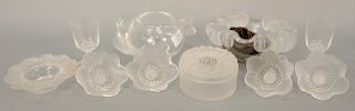 Ten piece lot to include frosted glass Lalique bowl Adelaid Birds, frosted glass bowl (Ht. 3 1/4 in., Dia. 8 1/2 in.), small leaf dish, two stemmed gl