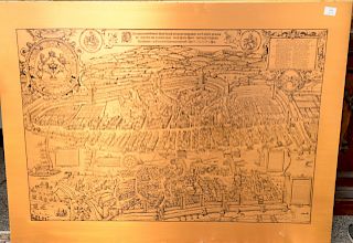 Large copper map engraving plate of birds eye view, 35" x 47".