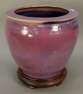 Large purple Flambe glaze planter on stand, total ht. 17 1/2 in.