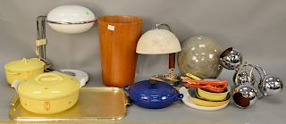 Le Creuset, Dru Holland tray, IDE International Designers Group danish trash can, ceramic glazed ball on lucite stand, two table lam...