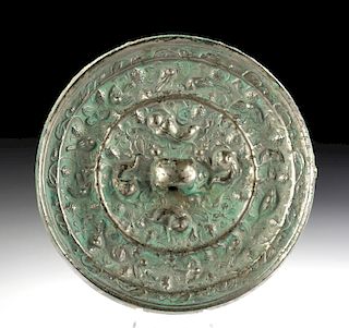 Chinese Tang Silvered Bronze Mirror w/ Lions & Grapes