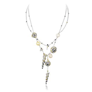Roberta Porrati Cultured Pearl and Multi-Colored Diamond Shell Necklace