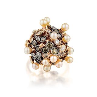 Roberta Porrati Diamond and Cultured Pearl Ring