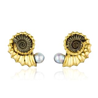 Elizabeth Gage Cultured Pearl and Fossil Shell Earrings