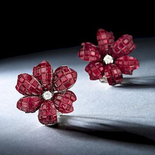 A Pair of Invisibly-Set Ruby and Diamond Flower Earrings