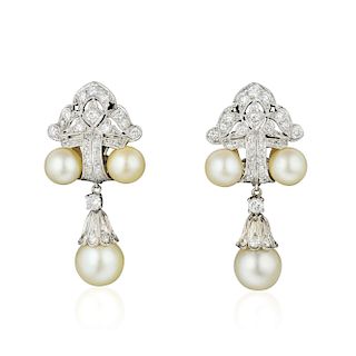 A Pair of Cultured Pearl and Diamond Earrings