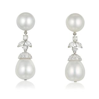 A Pair of Cultured Pearl and Diamond Drop Earrings
