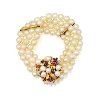 A Multi-Colored Gemstone and Four-Strand Cultured Pearl Bracelet