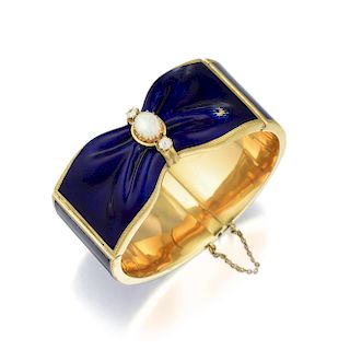 A Vintage Opal and Diamond Enamel Wide Bow Bangle