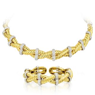 A Diamond Twist Bracelet and Necklace Set, Italian