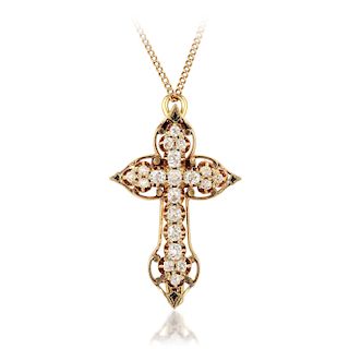 A Old Mine-Cut Diamond Cross Pendant/Pin Necklace