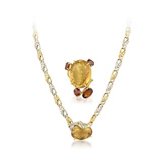A Citrine and Diamond Ring and Necklace Set