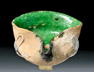 Islamic Green-Glazed Ceramic Oil Lamp - Pinched Spout