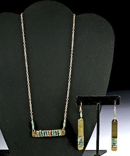 Moche Stone Beads & Brass Bar Necklace & Earrings 9.7 g