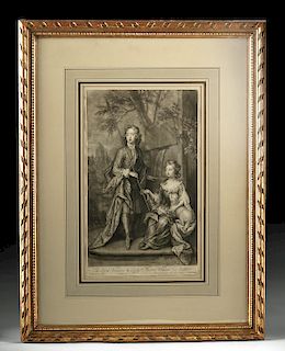 Framed Mezzotint - Lord & Lady Villers by Kneller, 1700