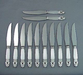 Twelve Georg Jensen Acorn Pattern Silver Steak Knives
