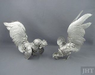 Pair of Silver Fighting Cocks