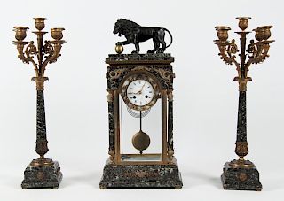 3 PC. FRENCH BRONZE AND MARBLE CLOCK SET