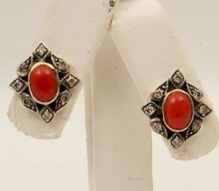 PR. OF 18K DIAMOND AND CORAL EARRINGS