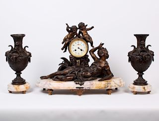 FR. PATINATED METAL AND MARBLE CLOCK SET