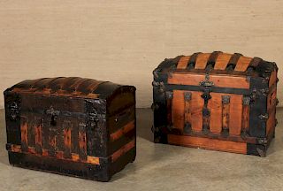 2 LEATHER AND BRASS BOUND STEAMER TRUNKS