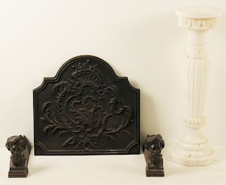 4 PC. LOT; MARBLE PEDESTAL AND IRON ACCESSORIES