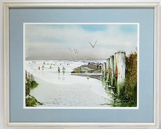 David Lenker Summer Beach Scene WC Painting