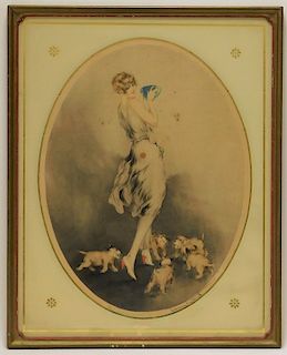 Louis Icart Art Deco Aquatint of Woman & Dogs
