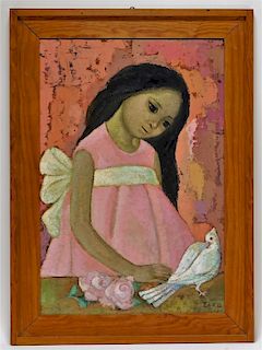 Mexican Social Realist Painting of a Girl & Dove